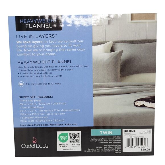 Cuddl Duds Heavyweight Cotton Flannel Twin Sheet Set Gray Heather Sheets New - Picture 6 of 6